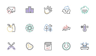Company building, Fan engine and Profits chart line icons. Jet turbine, Wind energy and Cloud services. Linear icon set. Bicolor outline web elements. Vector