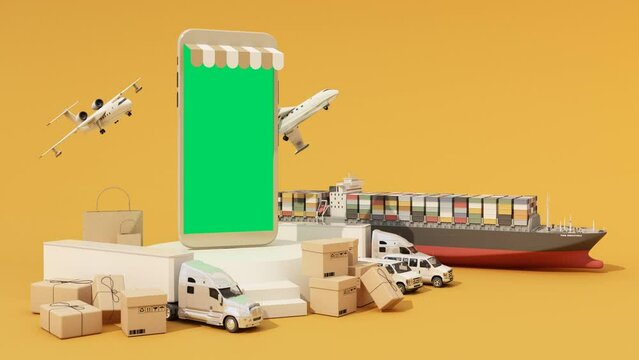 international transport shipping concept with phone green screen surrounded by cardboard boxes, a cargo container ship, a flying plane, a van and a truck isolated on yellow background 3D rendering