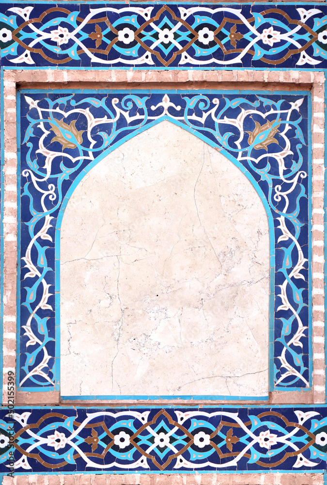 Canvas Prints Detail of traditional persian mosaic wall with geometrical and floral ornament, Iran. Vertical frame with ceramic tile