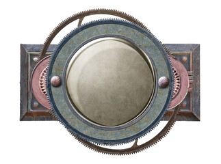 Metallic round frame with vintage machine gears and retro cogwheel