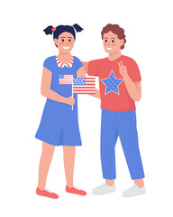 Happy kids with American flag semi flat color vector characters. Standing figures. Full body people on white. Independence day simple cartoon style illustration for web graphic design and animation
