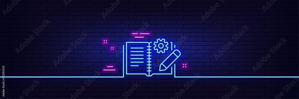 Poster neon light glow effect. engineering documentation line icon. technical instruction sign. 3d line neo