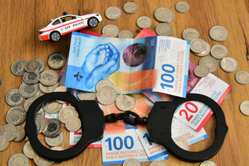 swiss money banknotes and coins with handcuff and police car
