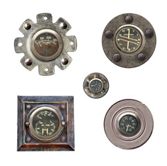 Set of retro indicators on control panel in plane cockpit. Isolated on white background