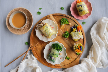 Delicious homemade Vietnamese meal. Vietnamese Summer Rolls.