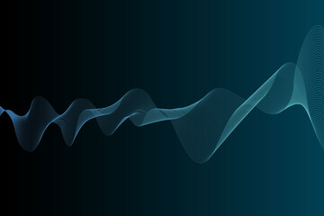 Turquoise abstract dynamic wave lines simulating a fluid on a black background for technology, music, science and the digital world
