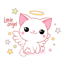 Cute card in kawaii style. Little cat with angel wings and halo. Happy white kitten with nimbus. Inscription Little angel. Vector illustration EPS8