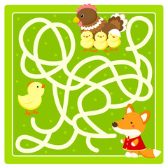 Help the little chicken find the way to his mom. Labyrinth for preschool children. Maze game for kids with cartoon chickens and fox. Kids puzzle game. Vector illustration EPS8 