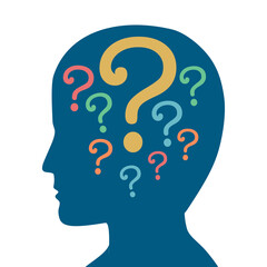 Man thinking many questions. Human head or brain question.