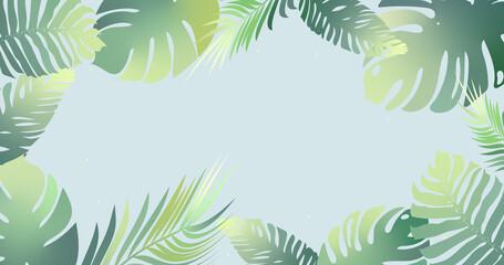 Wallpaper with tropical leaves on green background