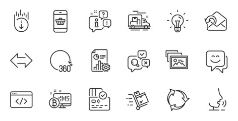 Outline set of Inspect, 360 degrees and Photo album line icons for web application. Talk, information, delivery truck outline icon. Include Smile face, Recycle, Card icons. Vector