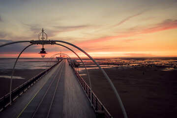 Southport pier panoramic view at sunset with scenic landscape and no people. Romantic travel...