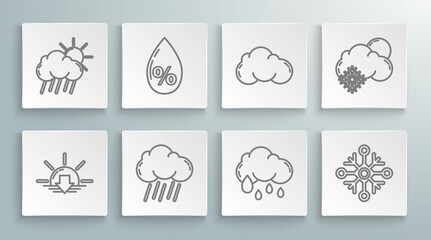 Set line Sunset, Water drop percentage, Cloud with rain, Snowflake, snow and sun and icon. Vector