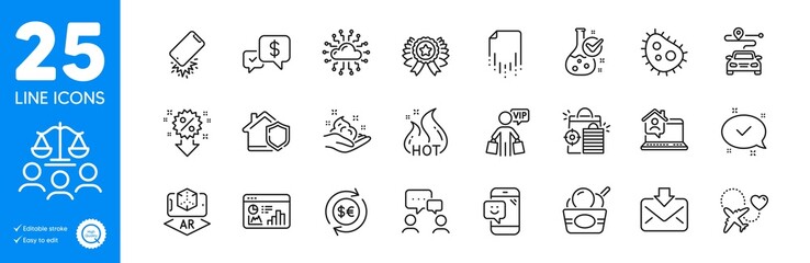 Outline icons set. Chemistry lab, Vip shopping and Court jury icons. Recovery file, Skin care, Bacteria web elements. Winner ribbon, Seo shopping, Discount signs. Money currency, Journey. Vector