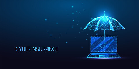 Futuristic cyber insurance, cyber security concept with glowing low polygonal umbrella and laptop 