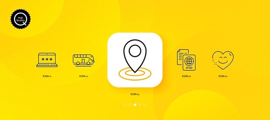 Fototapeta na wymiar Laptop password, Bus tour and Smile chat minimal line icons. Yellow abstract background. Location, Passport document icons. For web, application, printing. Vector