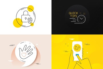 Minimal set of Quick tips, Fingerprint lock and Social responsibility line icons. Phone screen, Quote banners. Journey path icons. For web development. Vector