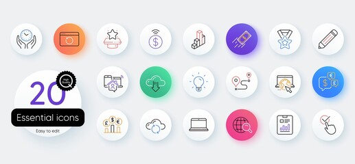 Simple set of Notebook, Winner podium and Cloud download line icons. Include Work home, Contactless payment, Report document icons. Winner ribbon, Money currency, Pencil web elements. Vector