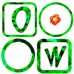 Clipart with different frames. Frame for sublimation design. Green texture, mosaic.Malachite texture. A set of geometries. Abstraction. Flowers, Letters O,W