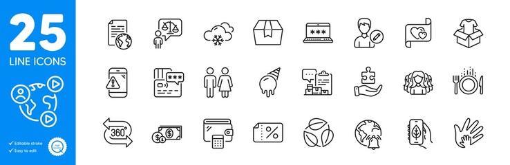 Outline icons set. Food, Internet document and Social responsibility icons. Ecology app, Internet notification, Love letter web elements. Wallet, Dollar money, Video conference signs. Vector