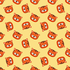 Seamless pattern with cute tiger in childish style with smile muzzle and eyes on yellow background. Funny print of wild animal with happy face. Vector flat illustration for holidays