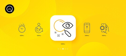 Fototapeta na wymiar Time, Swipe up and Share minimal line icons. Yellow abstract background. Search, Covid app icons. For web, application, printing. Clock, Scrolling screen, Referral person. Find document. Vector