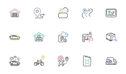 Search package, Bike delivery and Car line icons for website, printing. Collection of Destination flag, Journey, Gps icons. Parking security, Delivery truck, Flight sale web elements. Vector