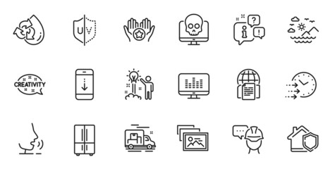 Outline set of Uv protection, Internet documents and Creative idea line icons for web application. Talk, information, delivery truck outline icon. Vector