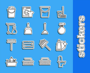 Set line Toilet bowl, Plastic bottles for liquid dishwashing liquid, Bucket, Dustpan, Trash can, with foam and bubbles and plunger icon. Vector