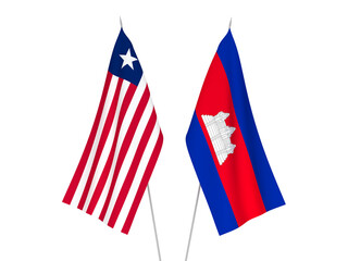 National fabric flags of Kingdom of Cambodia and Liberia isolated on white background. 3d rendering illustration.