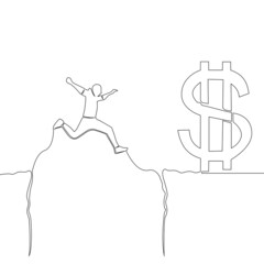 Continuous line drawing Businessman jumps to money through abyss concept