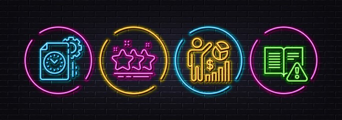Stars, Project deadline and Seo statistics minimal line icons. Neon laser 3d lights. Instruction manual icons. For web, application, printing. Ranking stars, Time management, Analytics chart. Vector