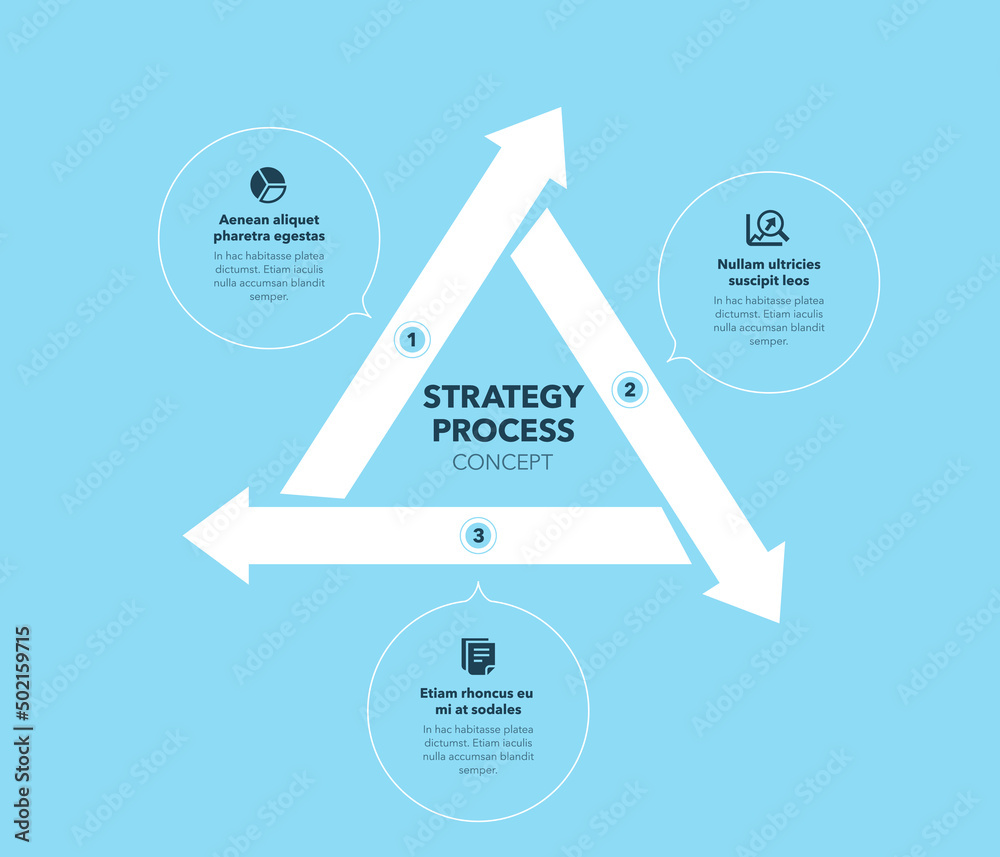 Poster Strategy process concept with three stages and place for your description - blue version. Flat infographic design template for website or presentation.