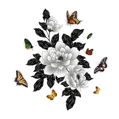 Floral card template with monochrome flowers, leaves and colorful butterflies