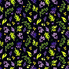 seamless watercolor pattern of stylized flowers and herbs.