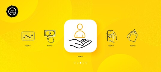 Fototapeta na wymiar Dj controller, Sale tags and Recruitment minimal line icons. Yellow abstract background. Flight mode, Payment click icons. For web, application, printing. Musical device, Discount labels, Hr. Vector