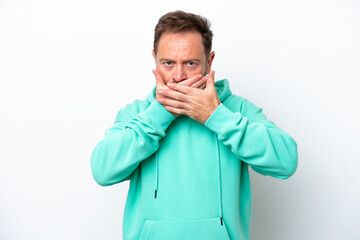 Middle age caucasian man isolated on white background covering mouth with hands