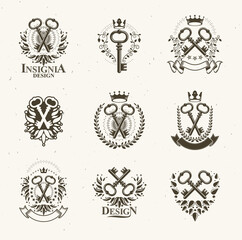 Vintage keys vector logos or emblems, heraldic design elements big set, classic style heraldry turnkeys symbols, antique secrets and locks.