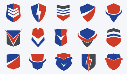 Shield logos vector set, different ammo protection symbols collection, antivirus or sport theme, insurance or guarantee.