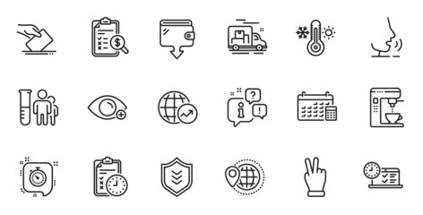 Outline set of Shield, Accounting report and Farsightedness line icons for web application. Talk, information, delivery truck outline icon. Vector