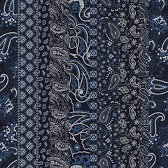 Blue paisley flowers bandana fabric patchwork abstract vector seamless pattern
