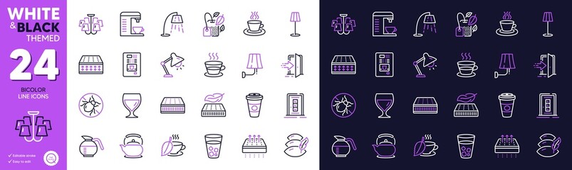 Entrance, Table lamp and Lightweight mattress line icons for website, printing. Collection of Ice tea, Wine glass, Flexible mattress icons. Coffee cup, Coffee machine, Mint bag web elements. Vector