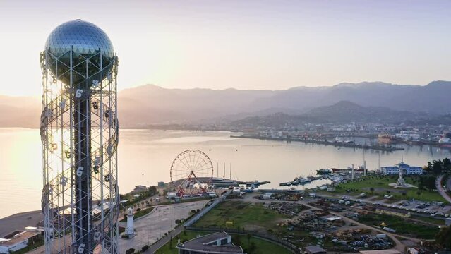 Morning Sun Shining Through Modern Fancy Building Near Batumi City Harbor