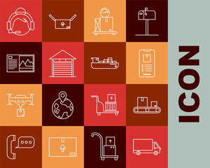 Set line Delivery cargo truck vehicle, Mobile phone app delivery tracking, Scale, Closed warehouse, Postcard, Support operator touch and Cargo ship boxes service icon. Vector