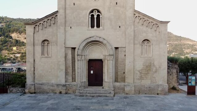 Aerial drone shot of a view of the church of San Michele Arcangelo in the medieval old town of Ventimiglia in Italy, Liguria, Italy. Beautiful panoramic aerial view vehicle of the Ligurian Riviera