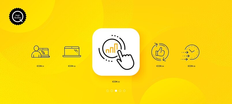 Laptop, Online education and Delivery time minimal line icons. Yellow abstract background. Graph chart, Refresh like icons. For web, application, printing. Vector