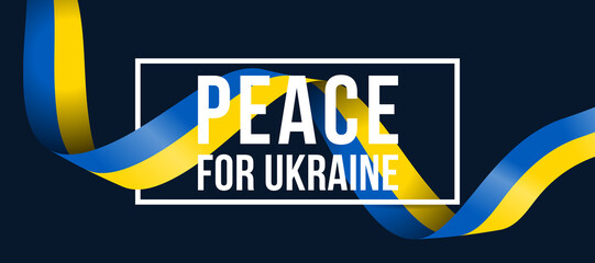 peace for ukraine text in white frame on ribbon nation flag of ukraine roll waving vector design