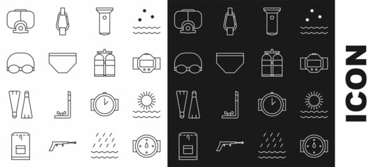 Set line Wind rose, Sun and waves, Diving watch, Flashlight, Swimming trunks, Glasses cap for swimming, mask and Aqualung icon. Vector