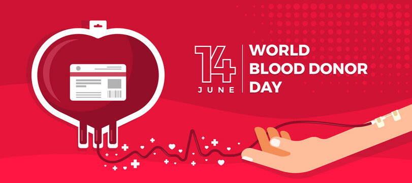 world blood donor day - The donated blood is taken from the donor arm into heart shaped blood bag on red background vector design
