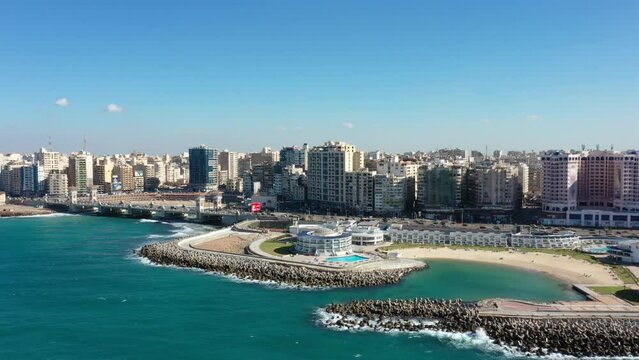 Aerial Drone shot of Alexandria Corniche, White Beach, and Stanley Bridge (Alexandria, Egypt)